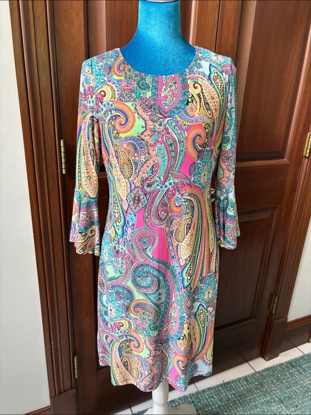 Tommy Hilfiger Dress Paisley Print retro Pink Turquoise Yellow mint  bell sleeve